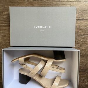 Everlane Double-Strap Block Heel Leather Sandal, Sand Lizard, Size 7.5M